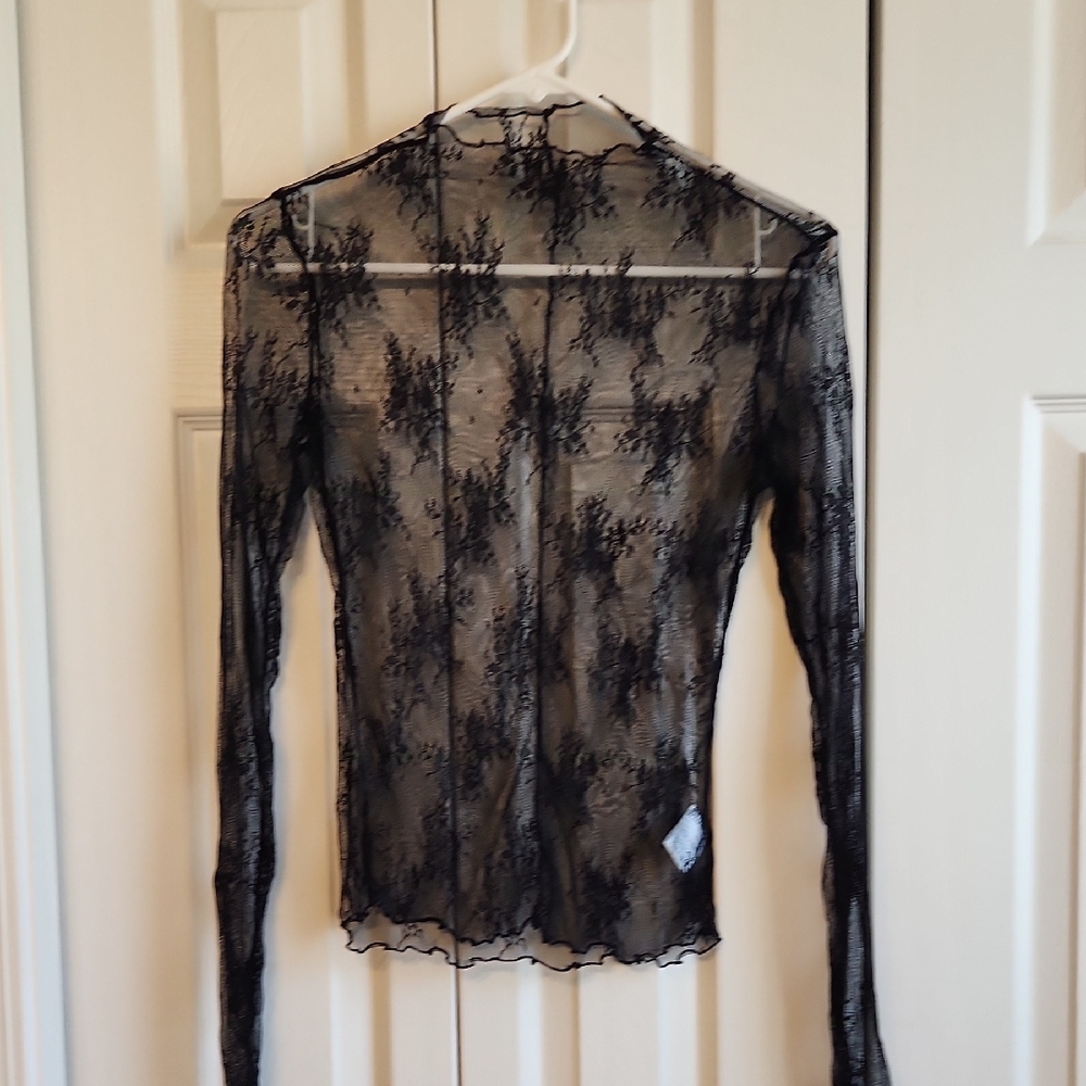 Elegant Sheer Black Lace Goth Y2K  Floral Womens Top Size Small